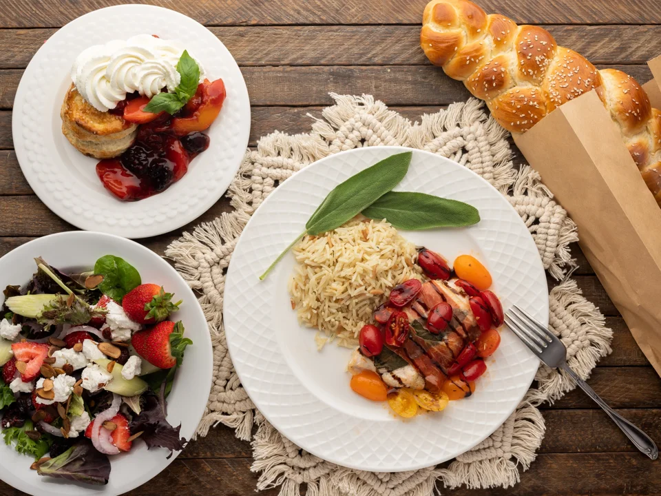 Chicken saltimbocca with sides and dessert