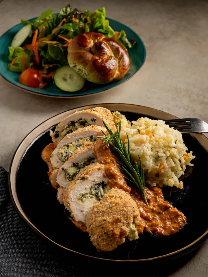 Sliced stuffed chicken dinner